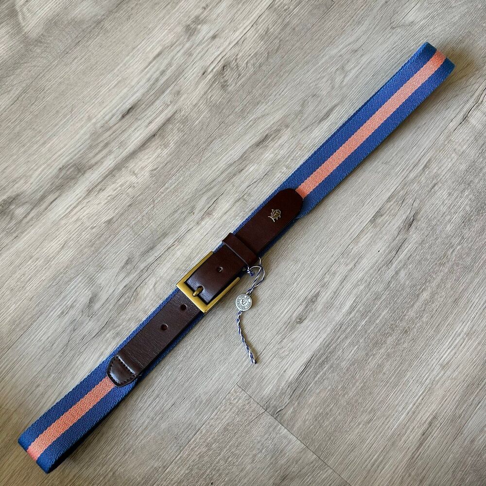 Southern Tide Blue & Orange Striped Woven Cotton Fabric Belt Dark Brown Leather